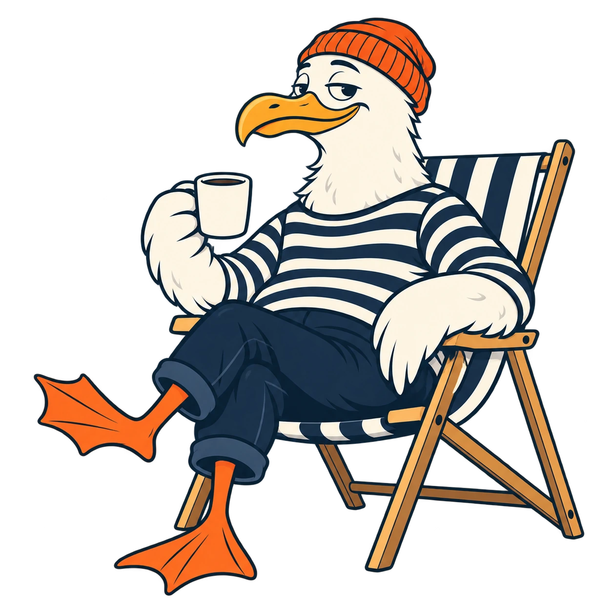 Our laid-back sailor gull, enjoying a coffee in a deck chair.